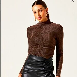 ASTR Metallic Ruched Mock Neck Top